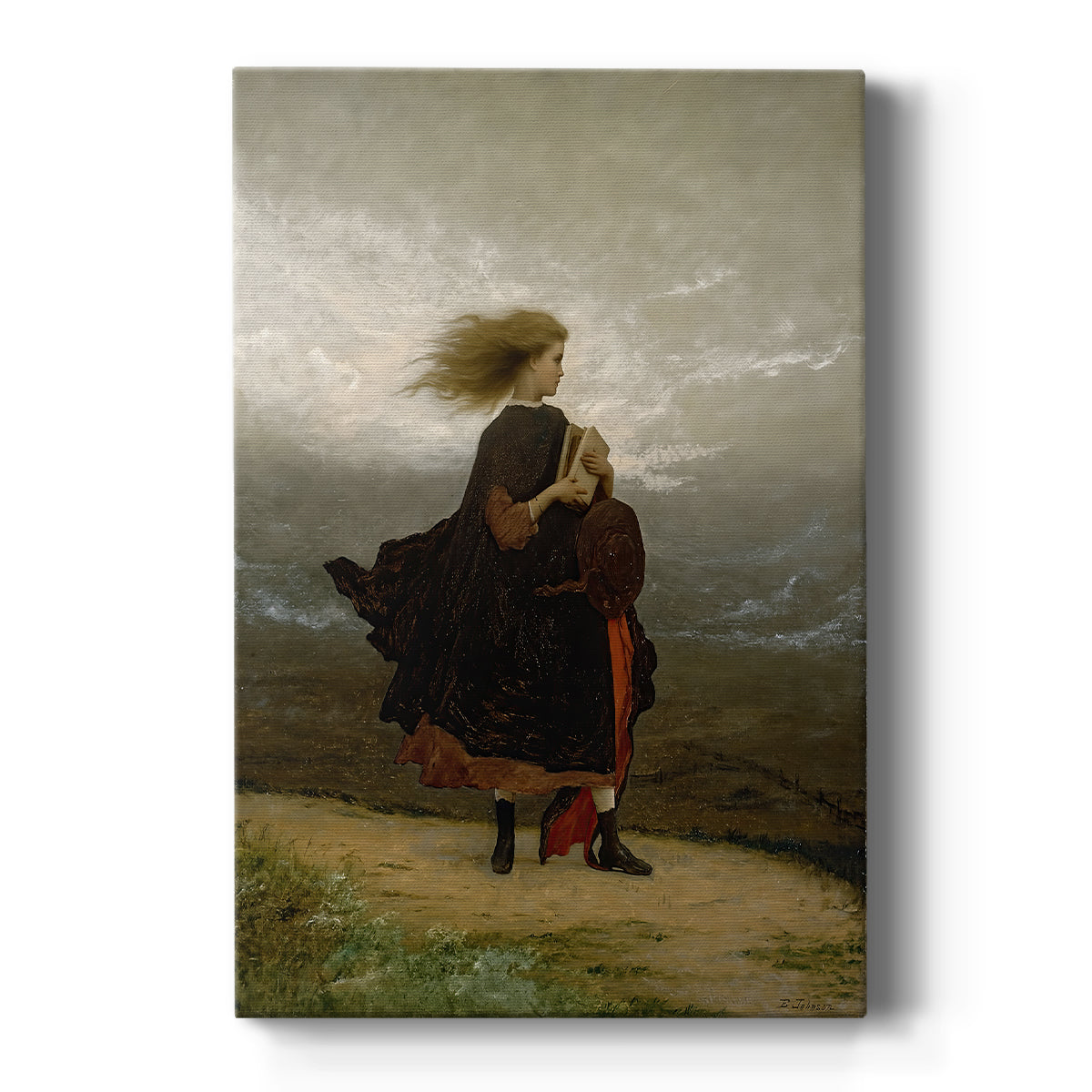 Canvas art print featuring a realistic portrait of a young woman standing in a muted outdoor setting on a clean white background.