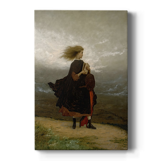 Canvas art print featuring a realistic portrait of a young woman standing in a muted outdoor setting on a clean white background.