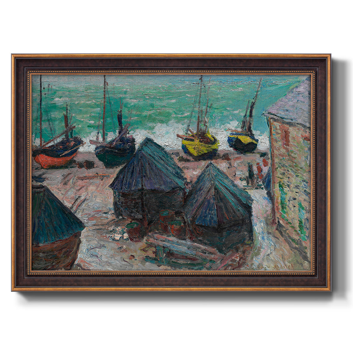 Impressionist coastal beach scene with boats by Claude Monet printed on canvas in an ornate bronzed mahogany wood frame.