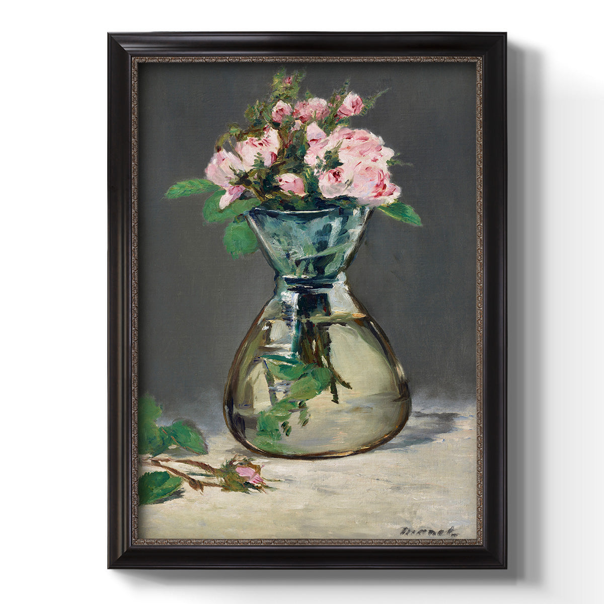 Moss Roses in a Vase - Ornate Framed Canvas Print