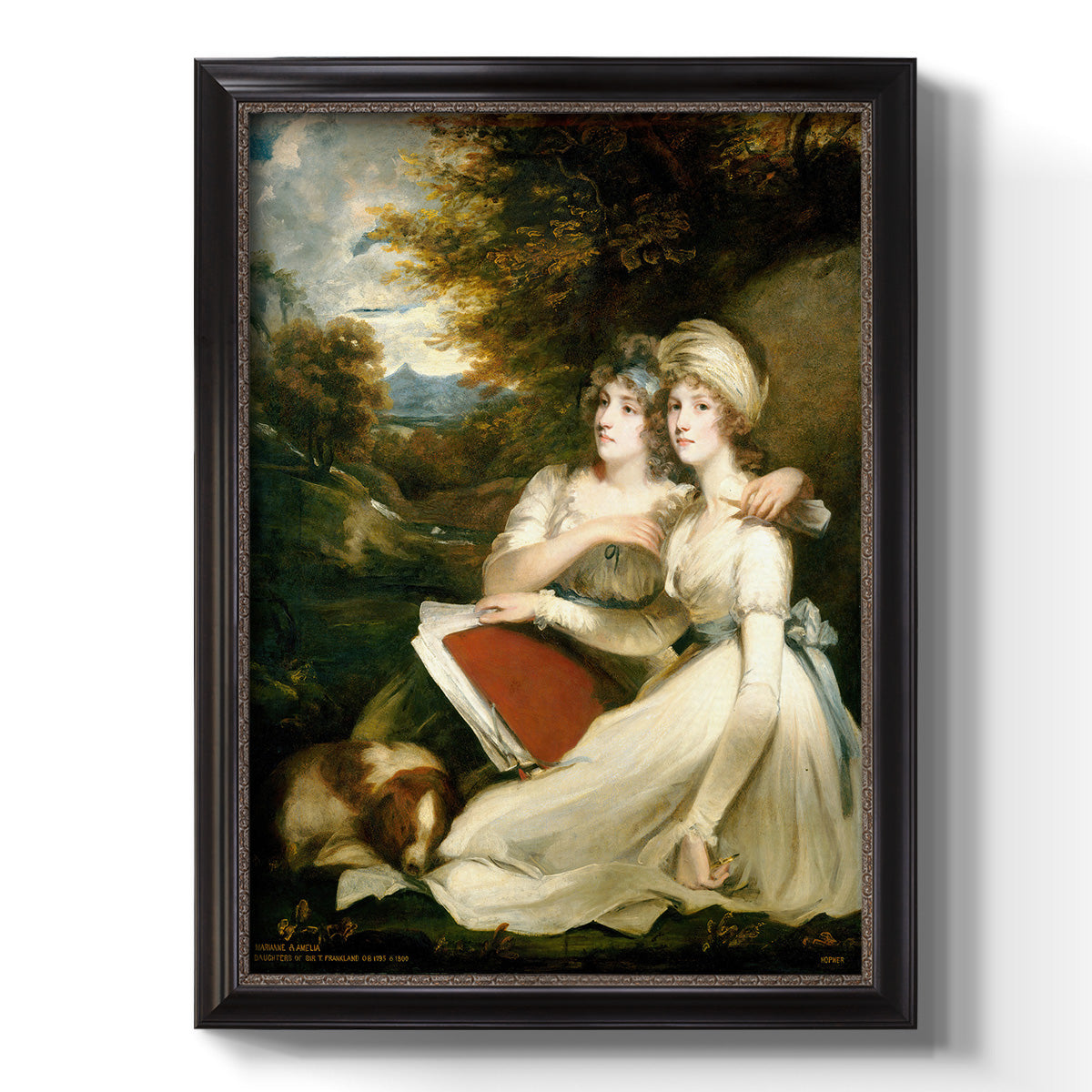 Classical portrait of the Frankland sisters by John Hoppner printed on canvas in an ornate black frame with gilded inner detail with a vertical orientation.