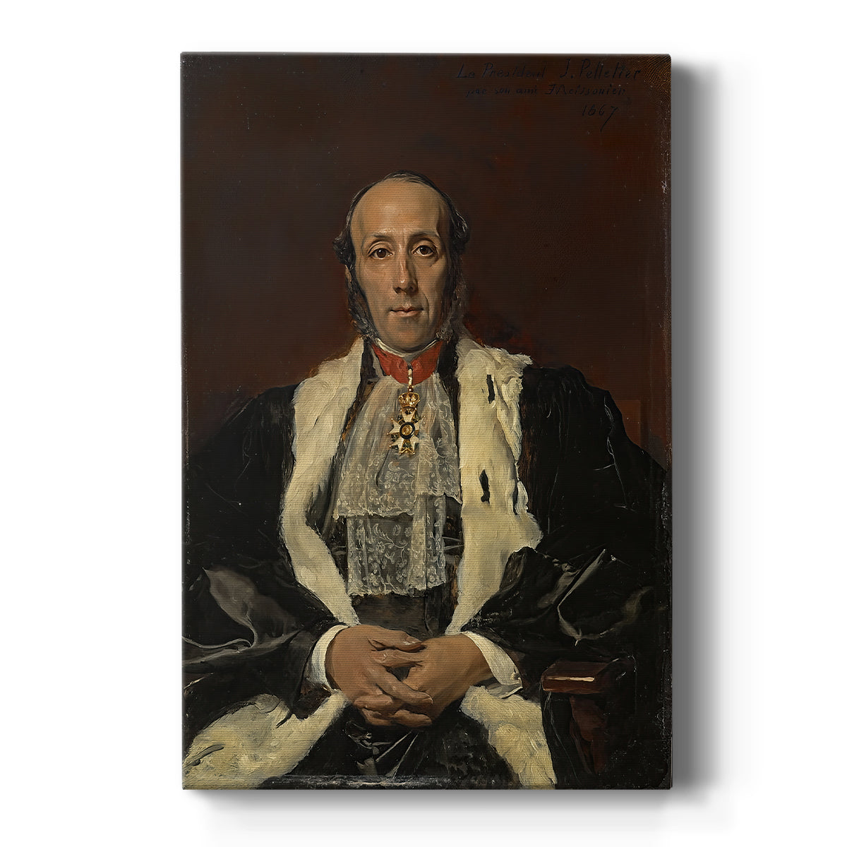 Canvas art print featuring a realistic portrait of a man seated in formal attire with soft lighting on a clean white background.