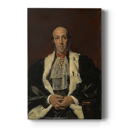 Canvas art print featuring a realistic portrait of a man seated in formal attire with soft lighting on a clean white background.