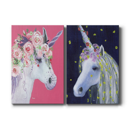 Set of two vertical canvas prints featuring whimsical unicorn fantasy illustration, displayed side by side.