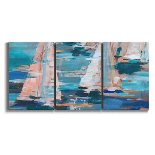 Three-panel canvas wall art featuring graphic pop style sailboats on white background.