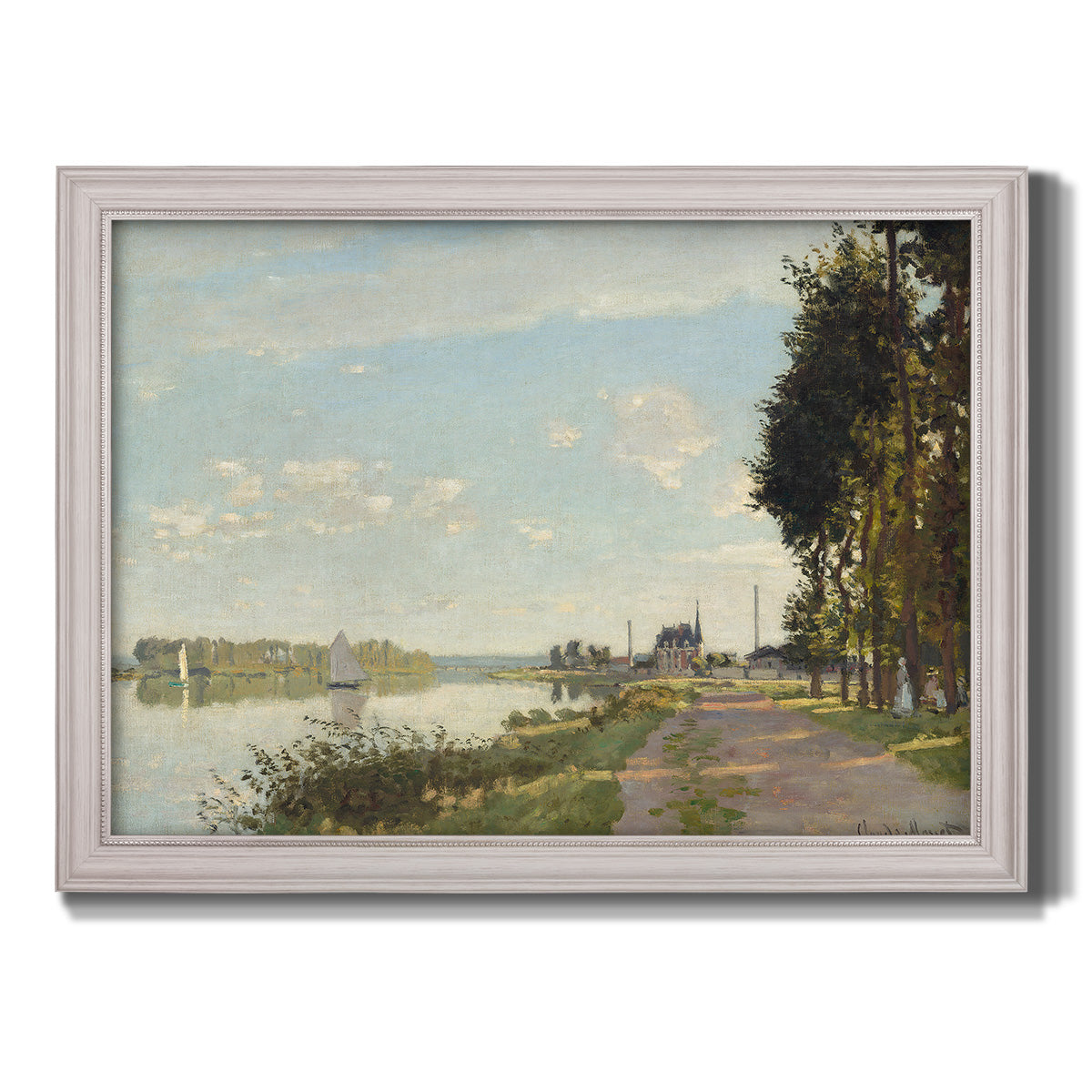 Impressionist river scene with red boats by Claude Monet printed on canvas in an ornate weathered white frame.