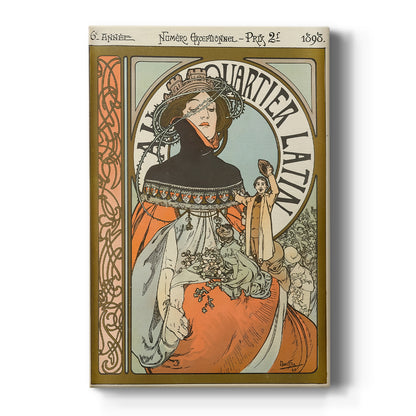 Canvas art print featuring an Art Nouveau poster of a woman with ornate details and decorative typography on a clean white background.