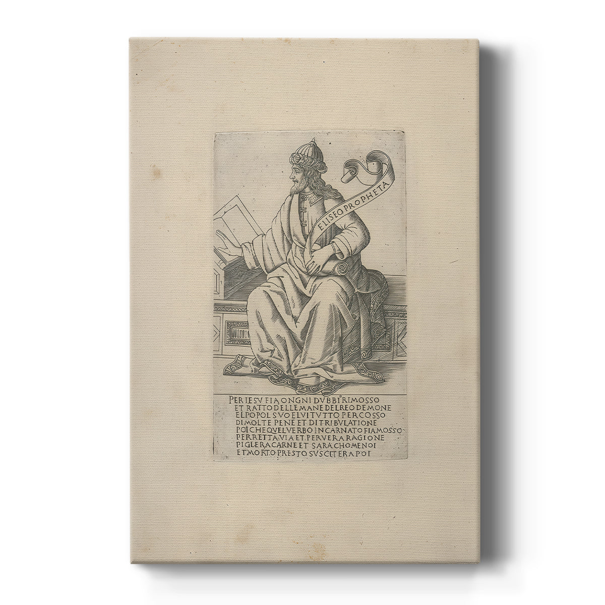Canvas art print featuring a monochrome engraving of a standing prophet with intricate line detail on a clean white background.