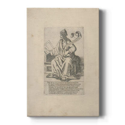 Canvas art print featuring a monochrome engraving of a standing prophet with intricate line detail on a clean white background.