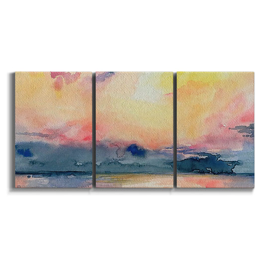 Three-panel canvas wall art featuring prismatic watercolor coastal seascape on white background.