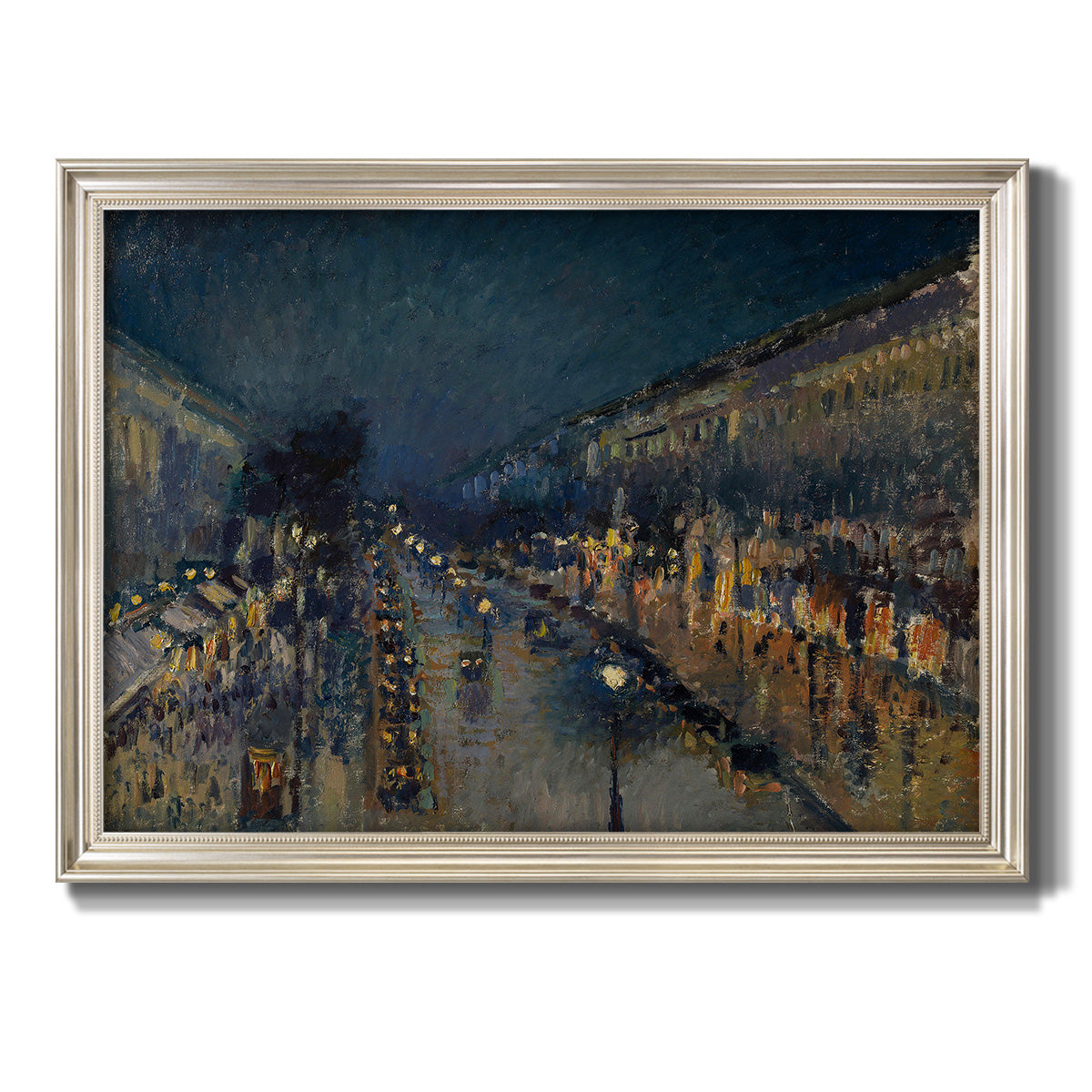Impressionist nighttime Paris street scene by Camille Pissarro printed on canvas in an ornate champagne frame.