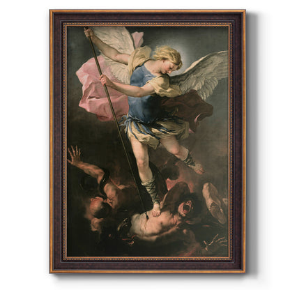 Religious painting of Saint Michael the Archangel by Luca Giordano printed on canvas in an ornate bronzed mahogany wood frame with a vertical orientation.