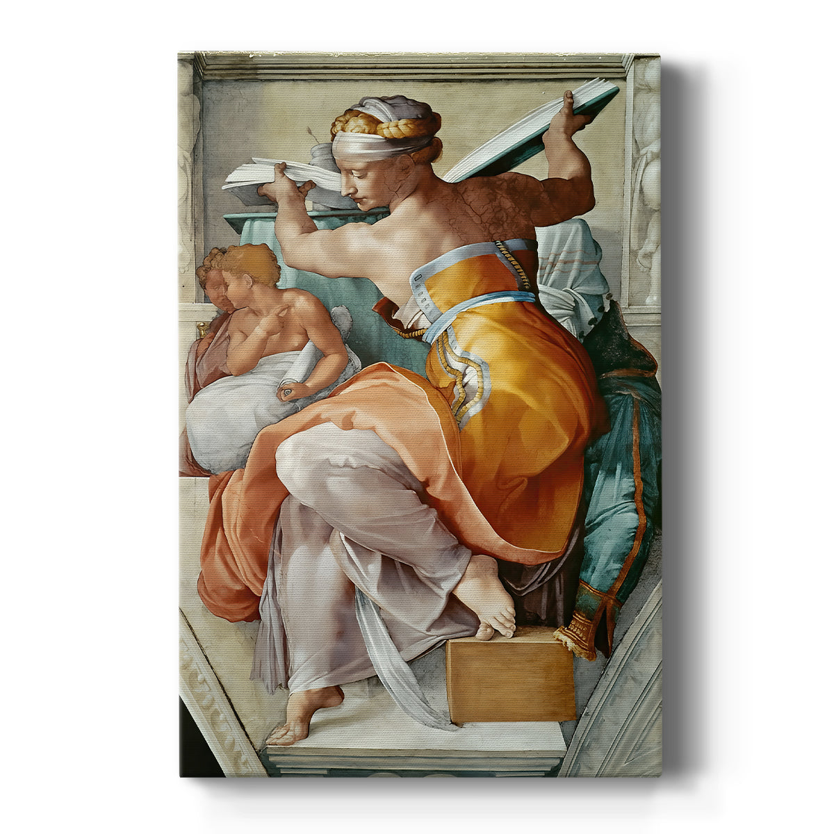 Canvas art print featuring a Renaissance figure of a seated woman with muscular form and dynamic pose on a clean white background.