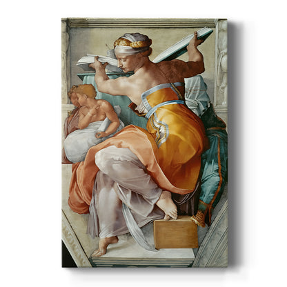 Canvas art print featuring a Renaissance figure of a seated woman with muscular form and dynamic pose on a clean white background.