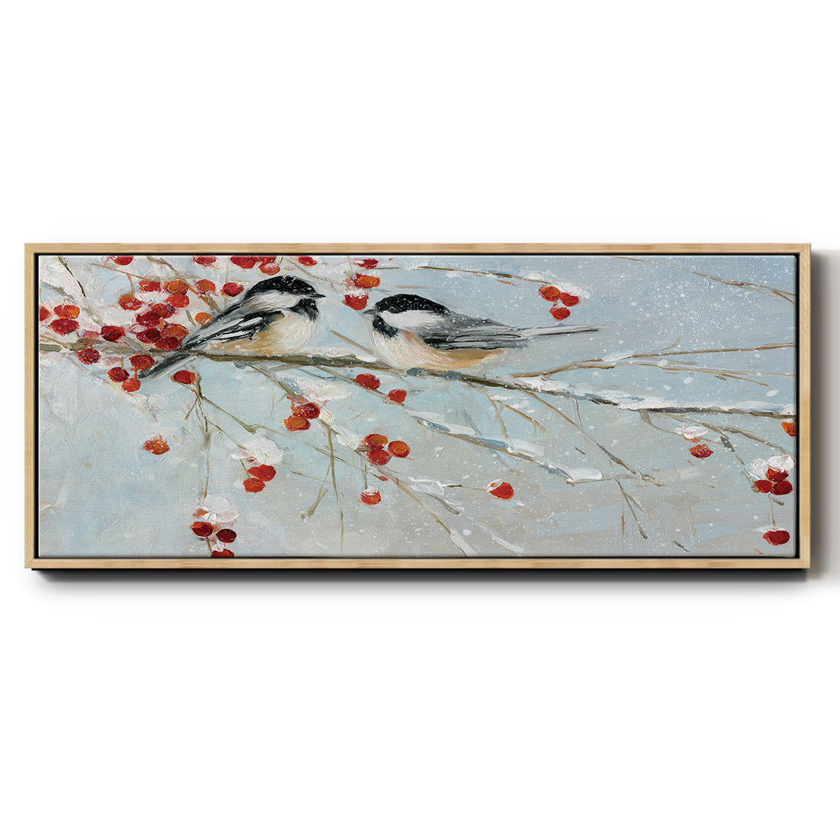 Chickadees in Winter - Floater Framed Canvas Print