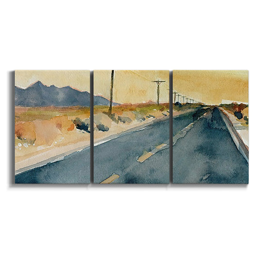 Three-panel canvas wall art featuring empty highway stretching through landscape on white background.