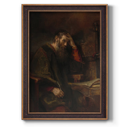 Classical religious portrait of Paul the Apostle by Rembrandt van Rijn printed on canvas in an ornate bronzed mahogany wood frame with a vertical orientation.