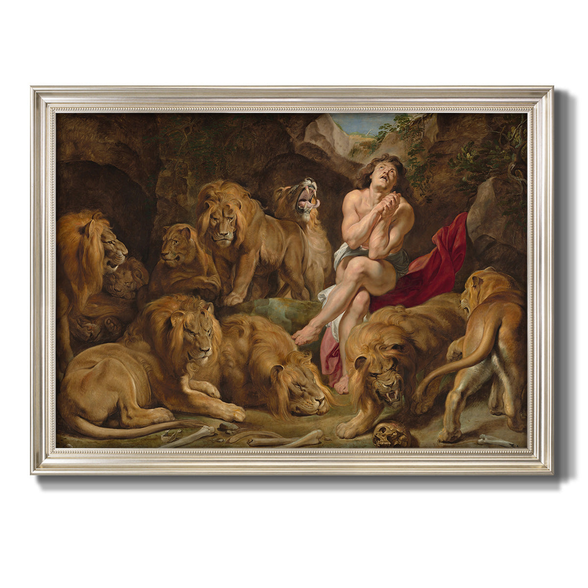 Dramatic biblical painting of Daniel with lions by Peter Paul Rubens printed on canvas in an ornate champagne frame.