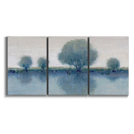 Three-panel canvas wall art featuring calm afternoon river reflection on white background.