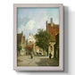 Rustic European street scene painting by Adriaan Eversen printed on canvas in an ornate weathered white frame with a vertical orientation.