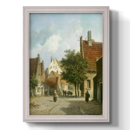 Rustic European street scene painting by Adriaan Eversen printed on canvas in an ornate weathered white frame with a vertical orientation.