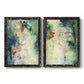 Set of two black barnwood framed canvas prints featuring two nature-inspired mixed-media abstracts featuring layered blue green cream and charcoal textures.
