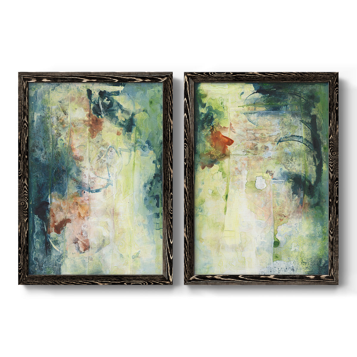 Set of two black barnwood framed canvas prints featuring two nature-inspired mixed-media abstracts featuring layered blue green cream and charcoal textures.