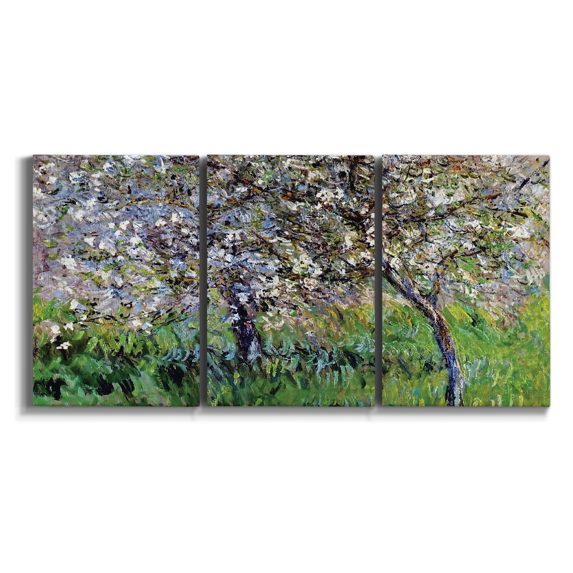 Three-panel canvas wall art featuring apple trees blooming beside water on white background.