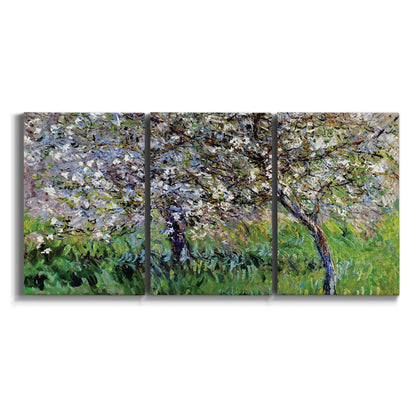 Three-panel canvas wall art featuring apple trees blooming beside water on white background.