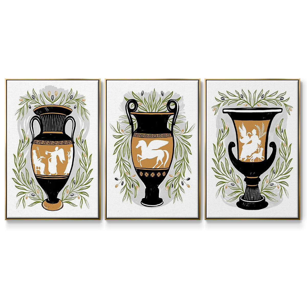 Greek Vases I - Framed Premium Gallery Wrapped Canvas L Frame 3 Piece Set - Ready to Hang