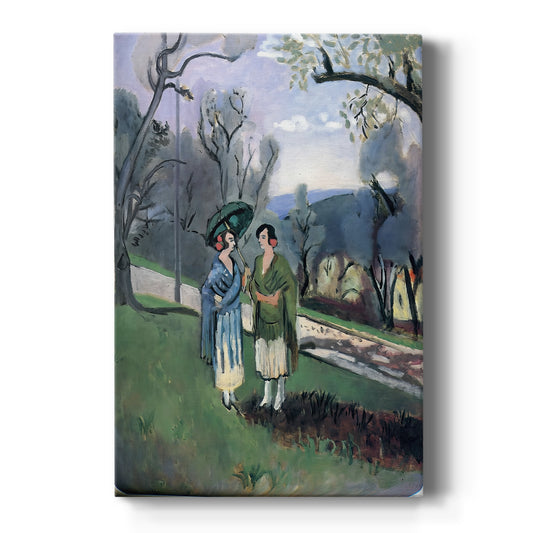 Canvas art print featuring a fauvist outdoor scene of figures seated beneath olive trees on a clean white background.