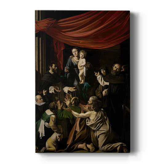 Canvas art print featuring a Baroque scene of the Madonna presenting a rosary to gathered figures on a clean white background.
