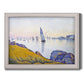 Impressionist coastal harbor at dusk by Paul Signac printed on canvas in an ornate weathered white frame.