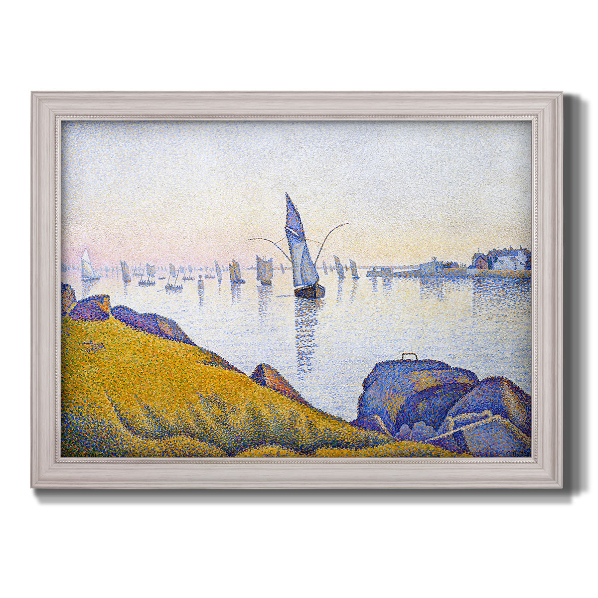 Impressionist coastal harbor at dusk by Paul Signac printed on canvas in an ornate weathered white frame.