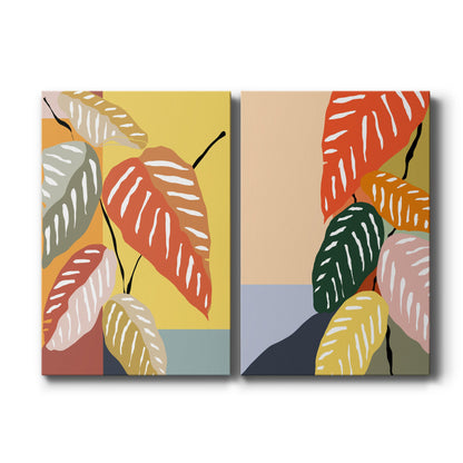 Set of two vertical canvas prints featuring modern abstract tropical plant illustration, displayed side by side.