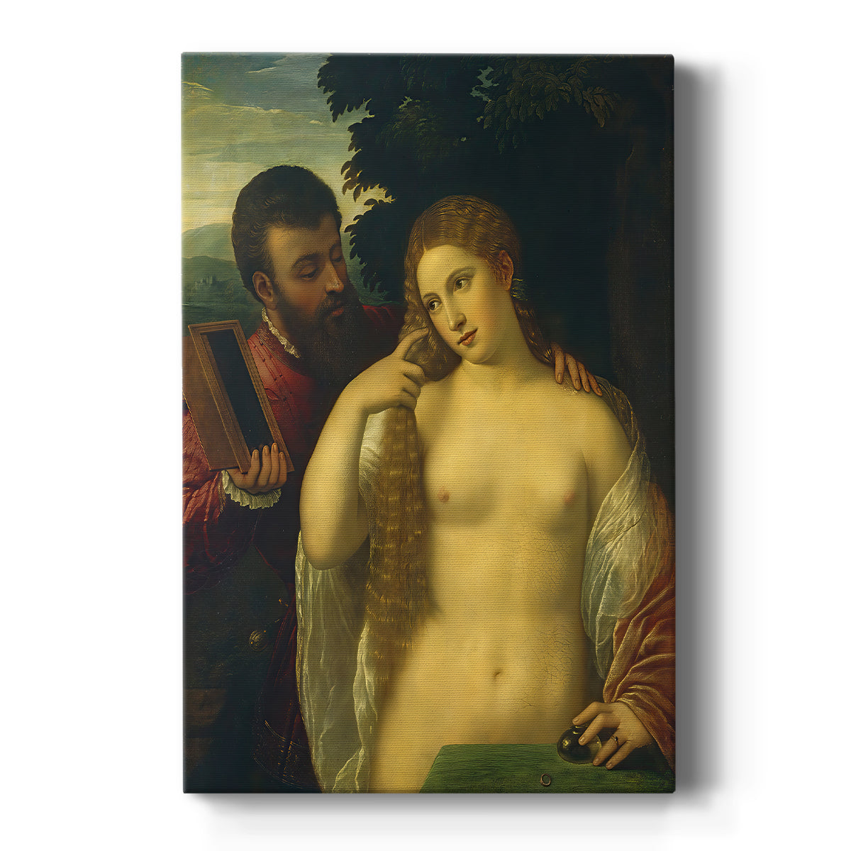Canvas art print featuring a Renaissance scene of intertwined figures symbolizing love with soft tones on a clean white background.