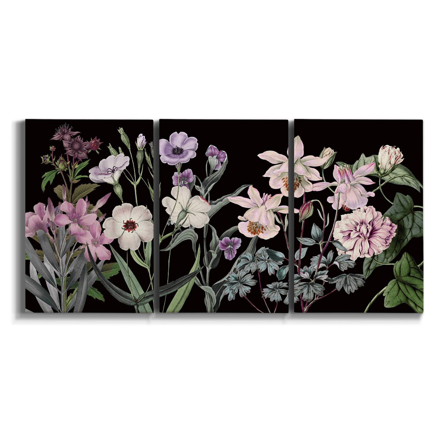 Three-panel canvas wall art featuring early spring blossoms in soft tones on white background.