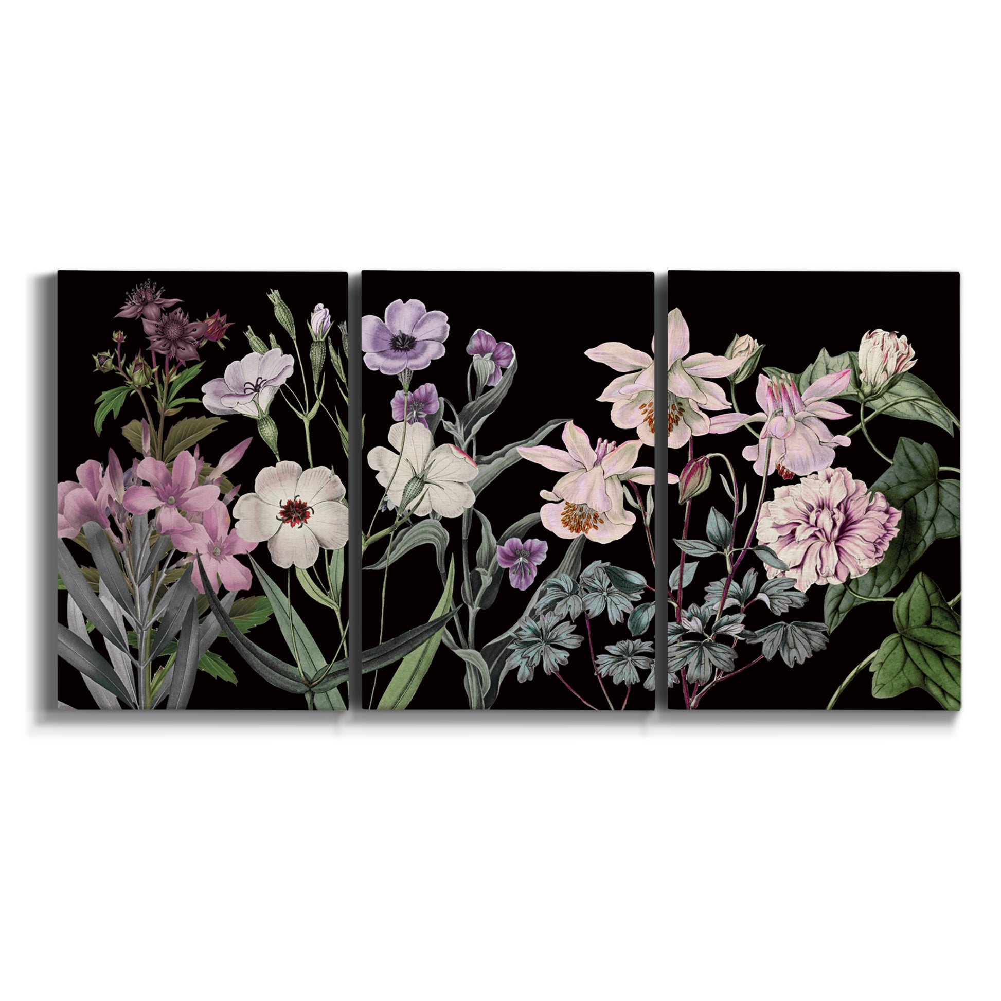 Three-panel canvas wall art featuring early spring blossoms in soft tones on white background.