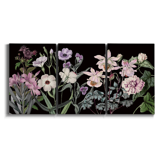 Three-panel canvas wall art featuring early spring blossoms in soft tones on white background.