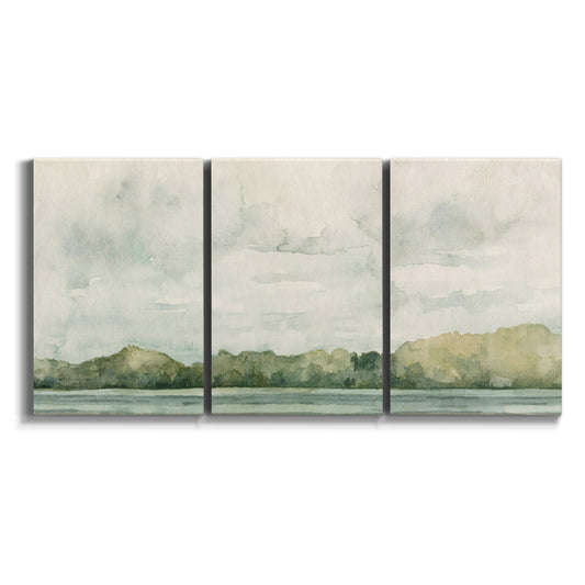Three-panel canvas wall art featuring riverbank landscape with trees on white background.
