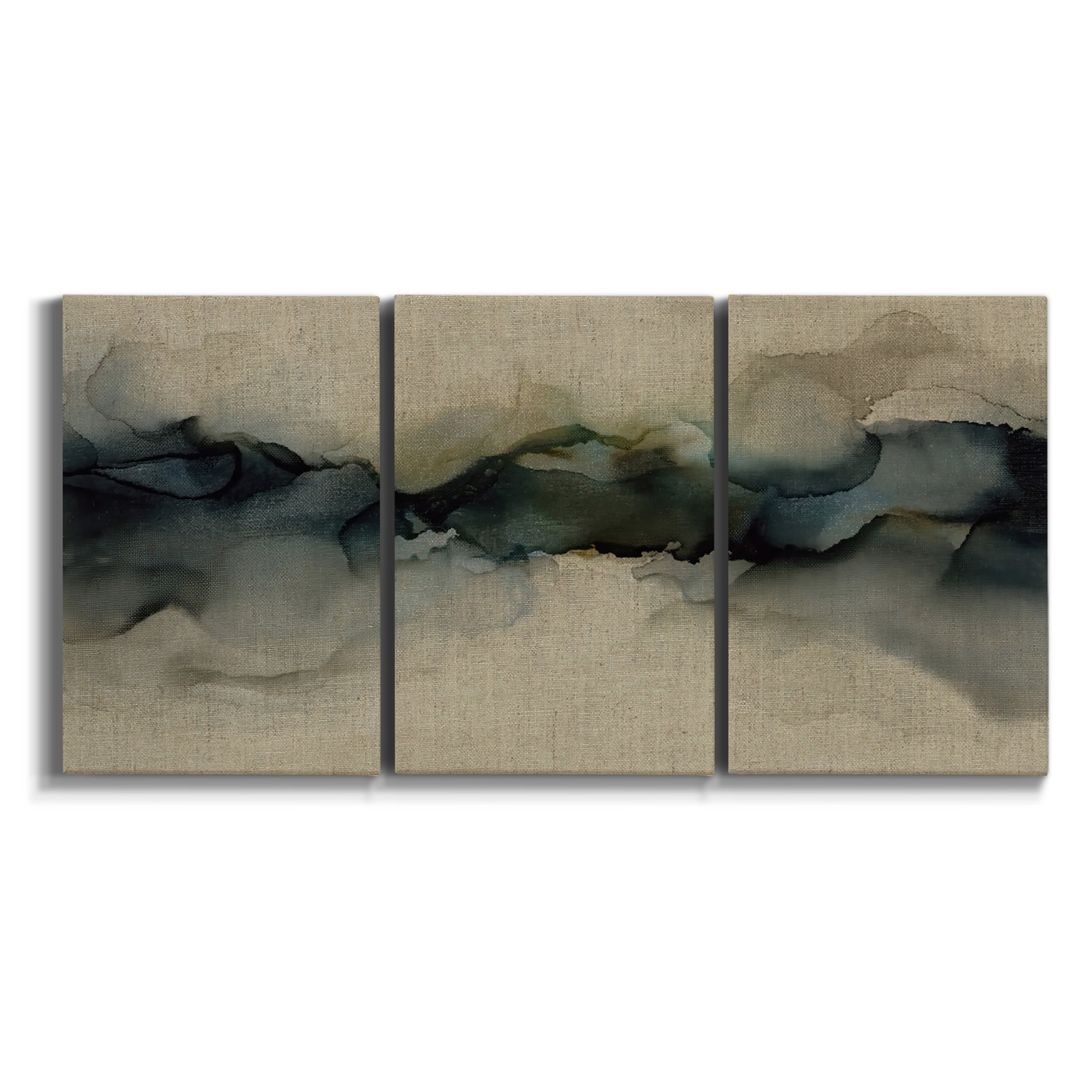 Three-panel canvas wall art featuring calm abstract water surface stillness on white background.
