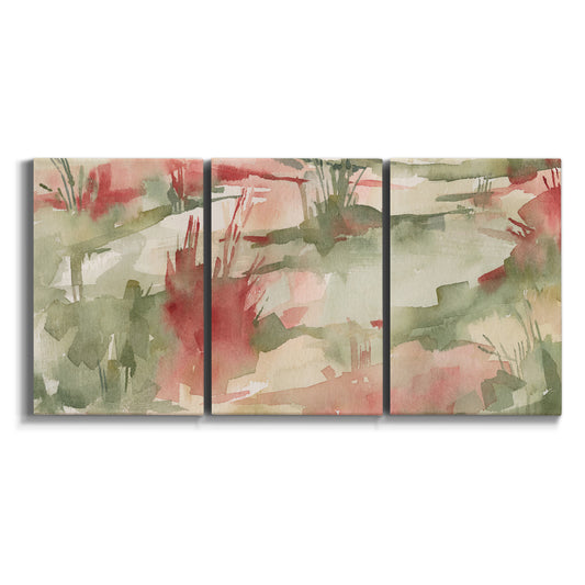 Three-panel canvas wall art featuring rust colored abstract grasslands on white background.