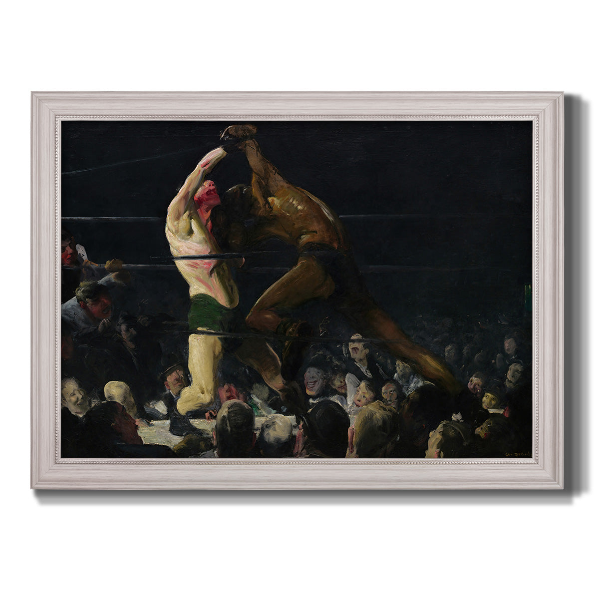 American genre painting of men in a social club by George Bellows printed on canvas in an ornate weathered white frame.