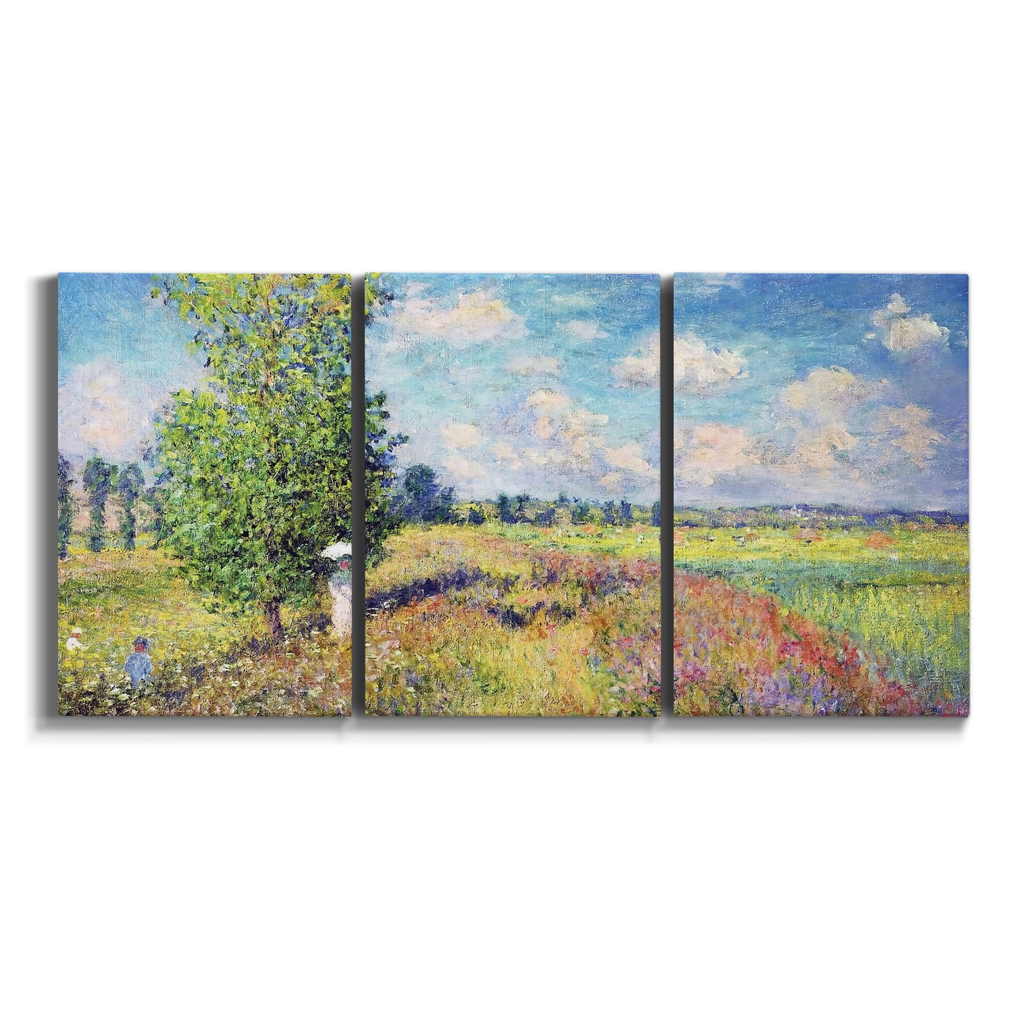 Three-panel canvas wall art featuring sunlit meadow landscape on white background.