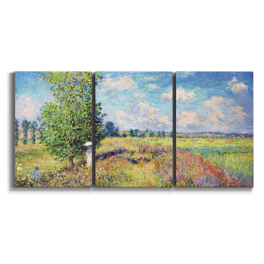 Three-panel canvas wall art featuring sunlit meadow landscape on white background.