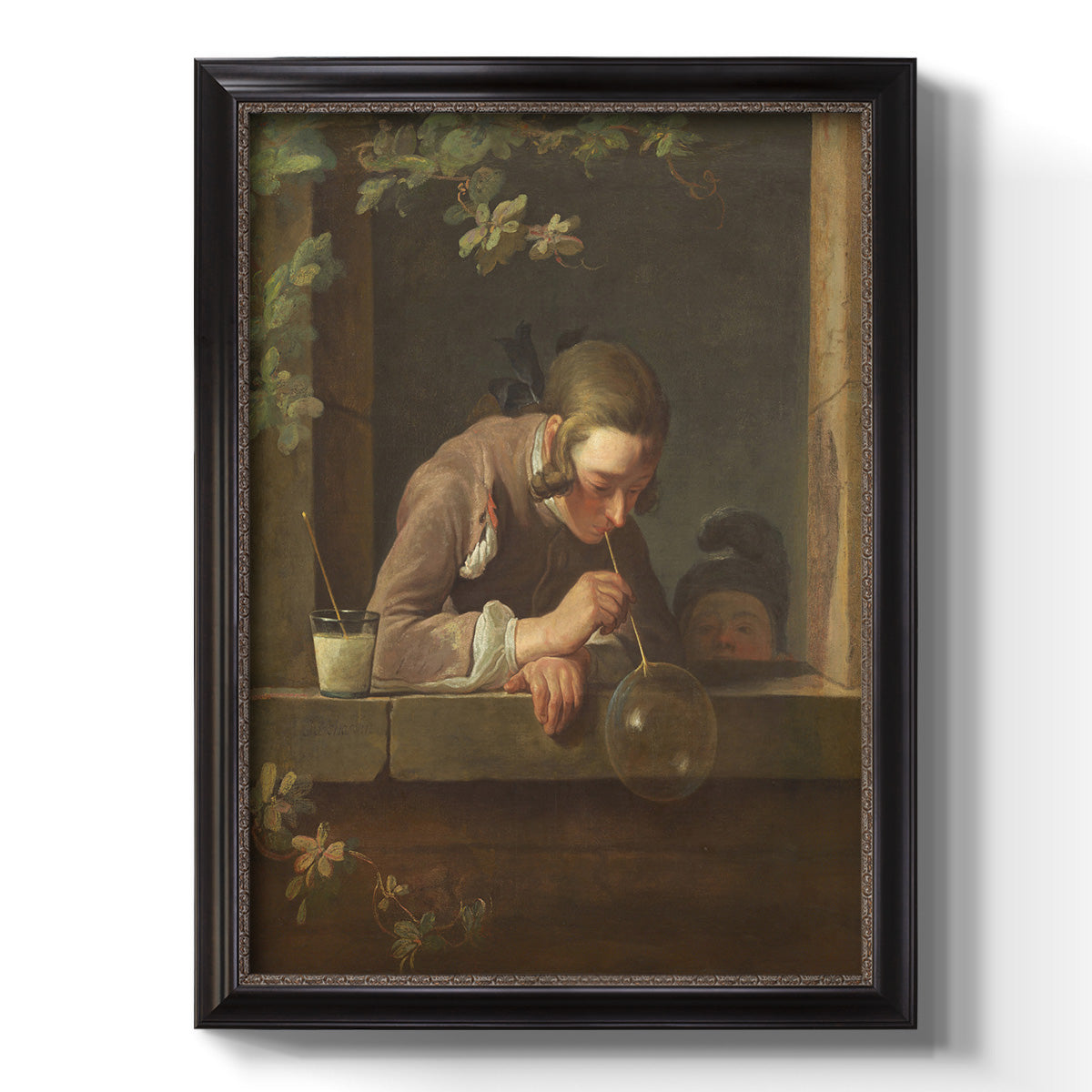 Classical genre painting of a child blowing soap bubbles by Jean-Siméon Chardin printed on canvas in an ornate black frame with gilded inner detail with a vertical orientation.