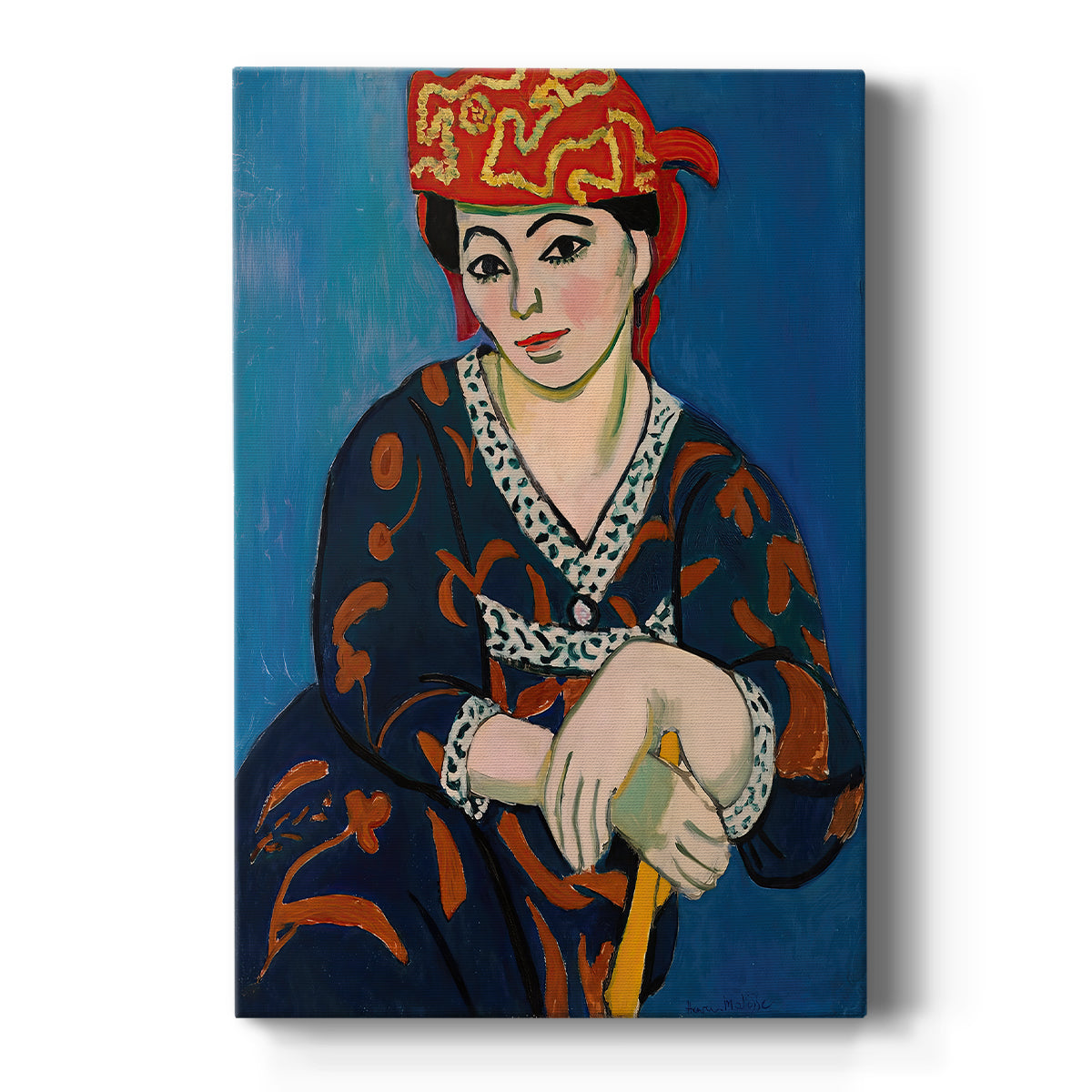 Canvas art print featuring a fauvist portrait of a woman wearing a red patterned headdress on a clean white background.
