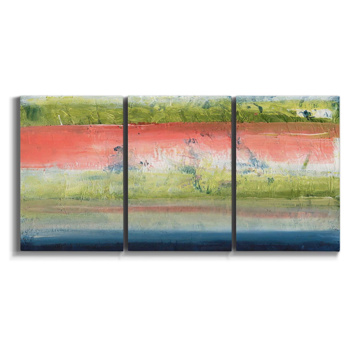 Three-panel canvas wall art featuring layered abstract color banding on white background.