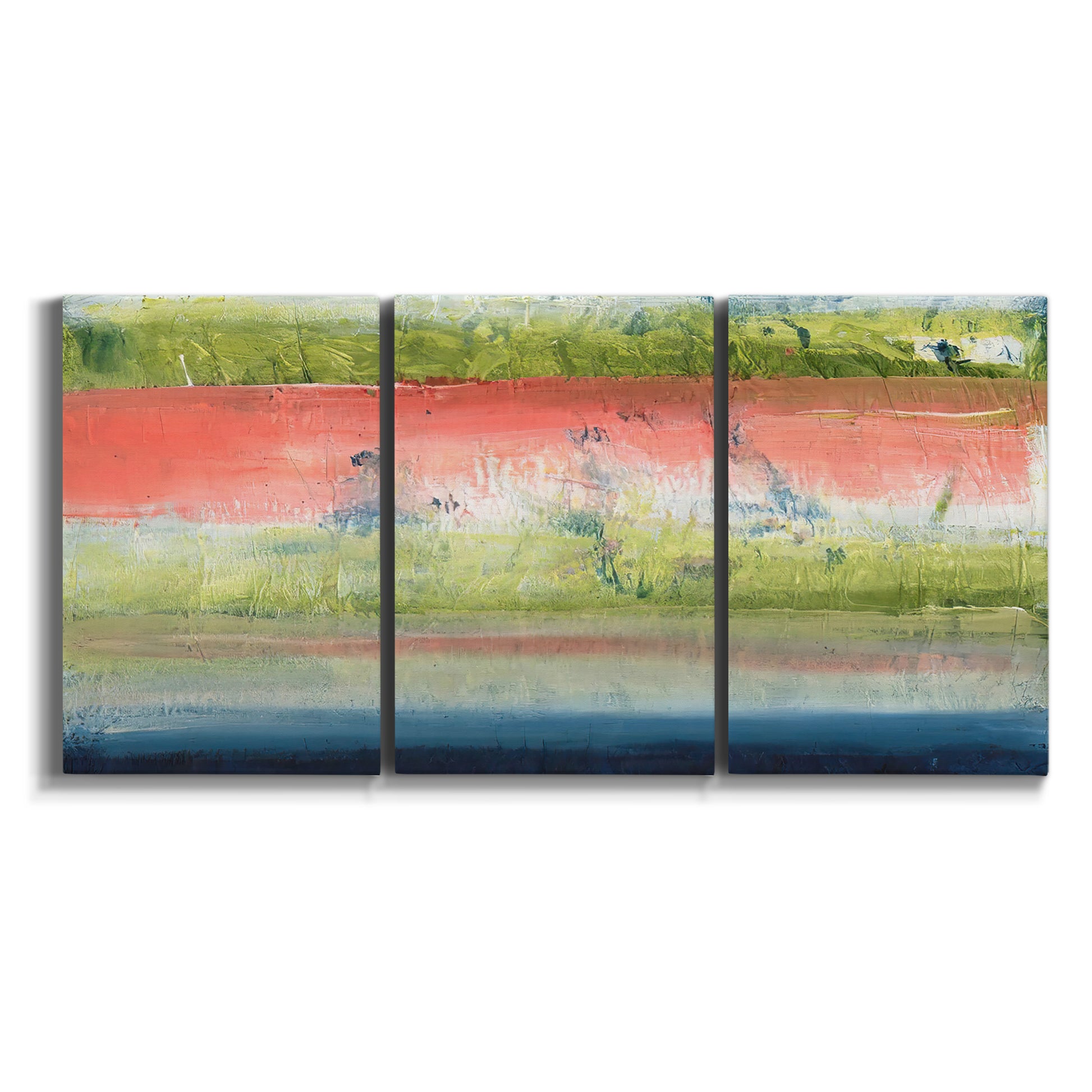 Three-panel canvas wall art featuring layered abstract color banding on white background.