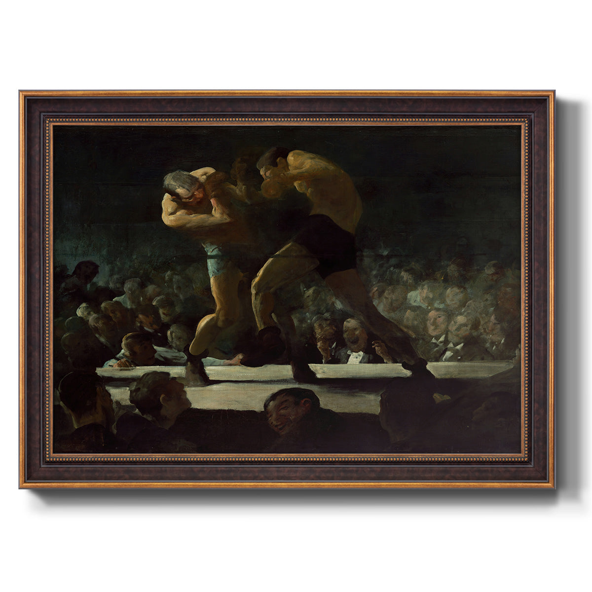 American social club scene painting by George Bellows printed on canvas in an ornate bronzed mahogany wood frame.
